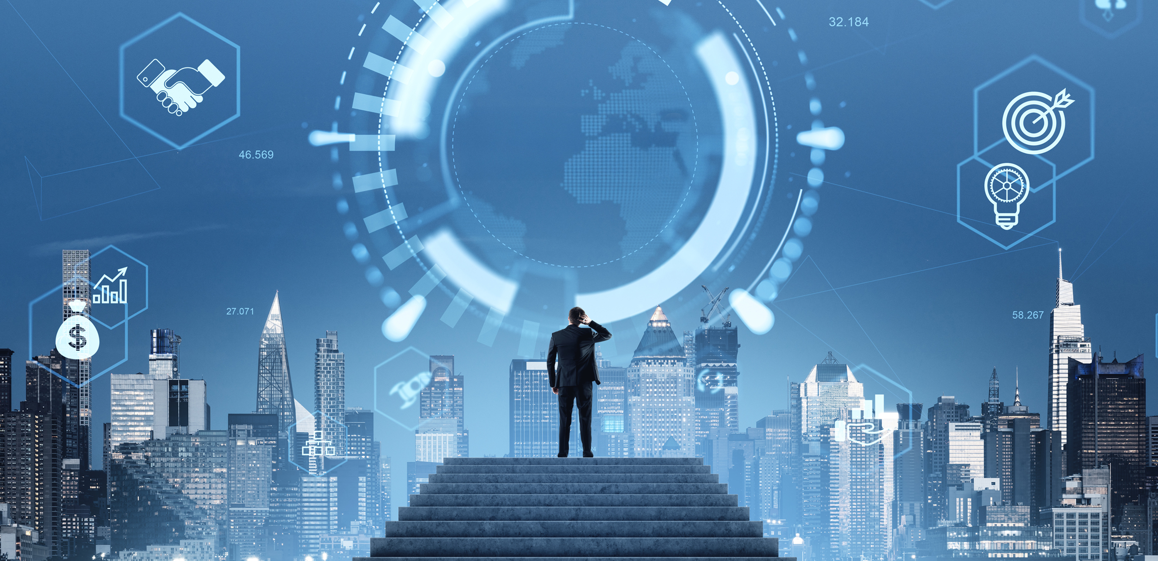 Two businessmen shaking hands in modern office, closing a busine